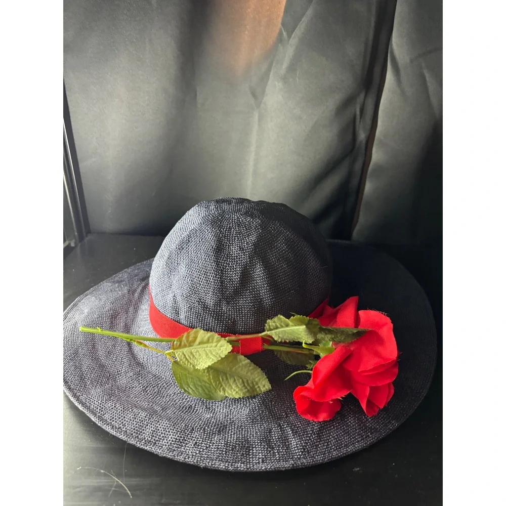 Career Collection Navy Blue Wide Brim Sun Hat Red Rose Accent Straw Style Hat